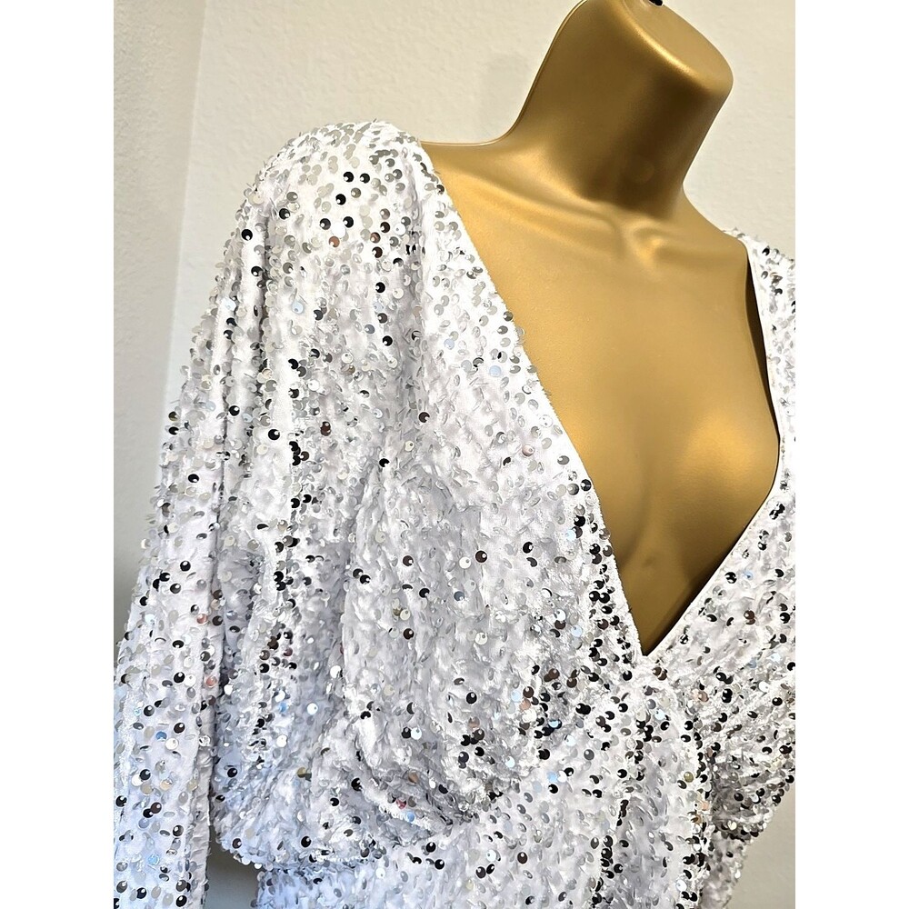 White Sequin Long Sleeve Deep V Dress 14 Oversized Statement Cocktail Party Glam